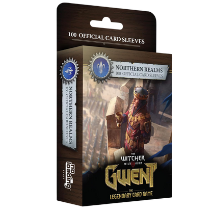 The Witcher Wild Hunt: Gwent 100 Official Card Sleeves card box by Loopy Games, featuring artwork of a warrior in armor and a dark brown packaging design.
