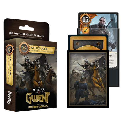 The Witcher 3: Bloodline Saga Gwent official card sleeves set, showing the retail box on the left and several sample card sleeves and cards on the right against a plain white background.