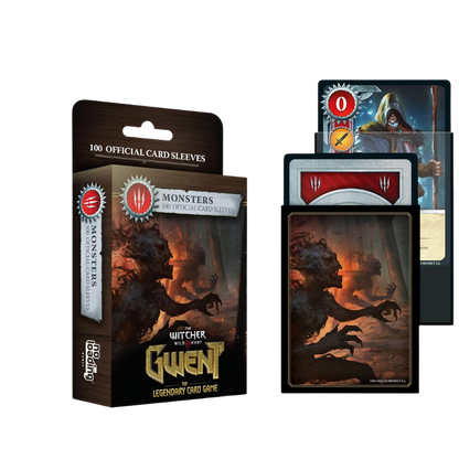 Witcher Legends Card Game Monsters deck box shown next to sample monster cards and matching card sleeves on a plain white background.