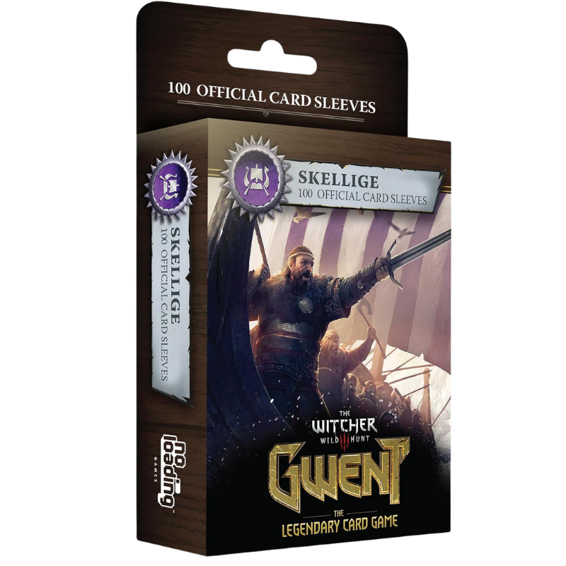 The Witcher Wild Hunt: Gwent The Legendary Card Game card sleeve box by FoundImages. The packaging features a dark wood-grain texture with an illustration of a warrior holding a sword, and text indicating it contains 100 official card sleeves.