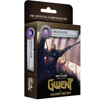 The Witcher Wild Hunt: Gwent The Legendary Card Game card sleeve box by FoundImages. The packaging features a dark wood-grain texture with an illustration of a warrior holding a sword, and text indicating it contains 100 official card sleeves.