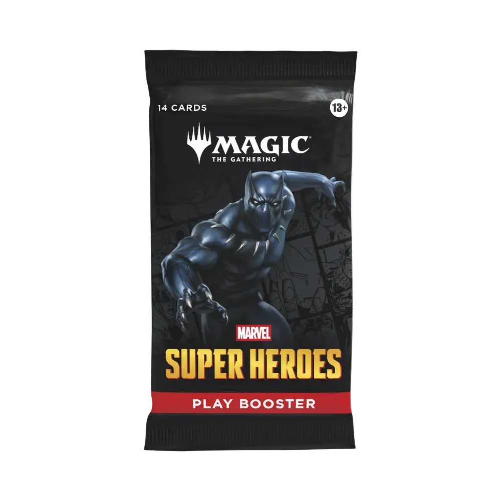 A Magic: The Gathering Marvel Super Heroes play booster pack featuring Black Panther artwork on a black background with gold and red text.