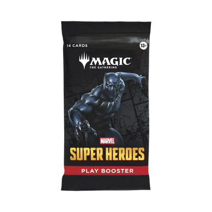 A Magic: The Gathering Marvel Super Heroes play booster pack featuring Black Panther artwork on a black background with gold and red text.