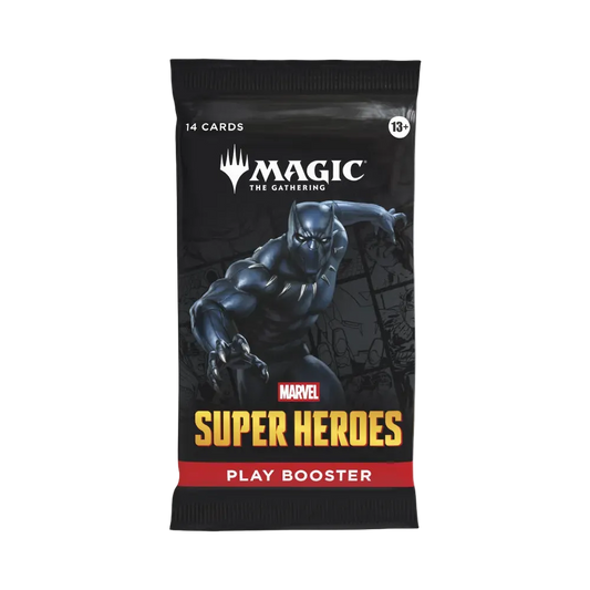 A Magic: The Gathering Marvel Super Heroes play booster pack featuring Black Panther artwork on a black background with gold and red text.
