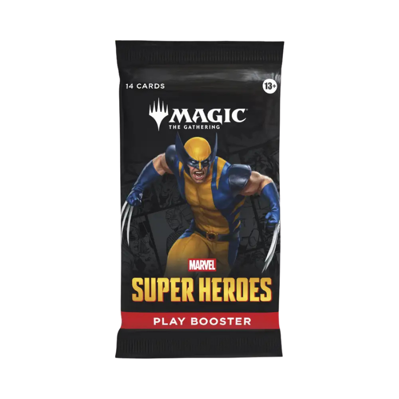 A Magic: The Gathering Marvel Super Heroes play booster pack featuring Wolverine on the front, with '14 Cards' and 'Play Booster' text, shown on a plain white background.. Wolverine on it