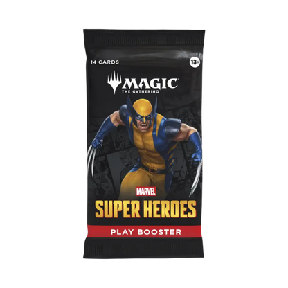 A Magic: The Gathering Marvel Super Heroes play booster pack featuring Wolverine on the front, with '14 Cards' and 'Play Booster' text, shown on a plain white background.. Wolverine on it