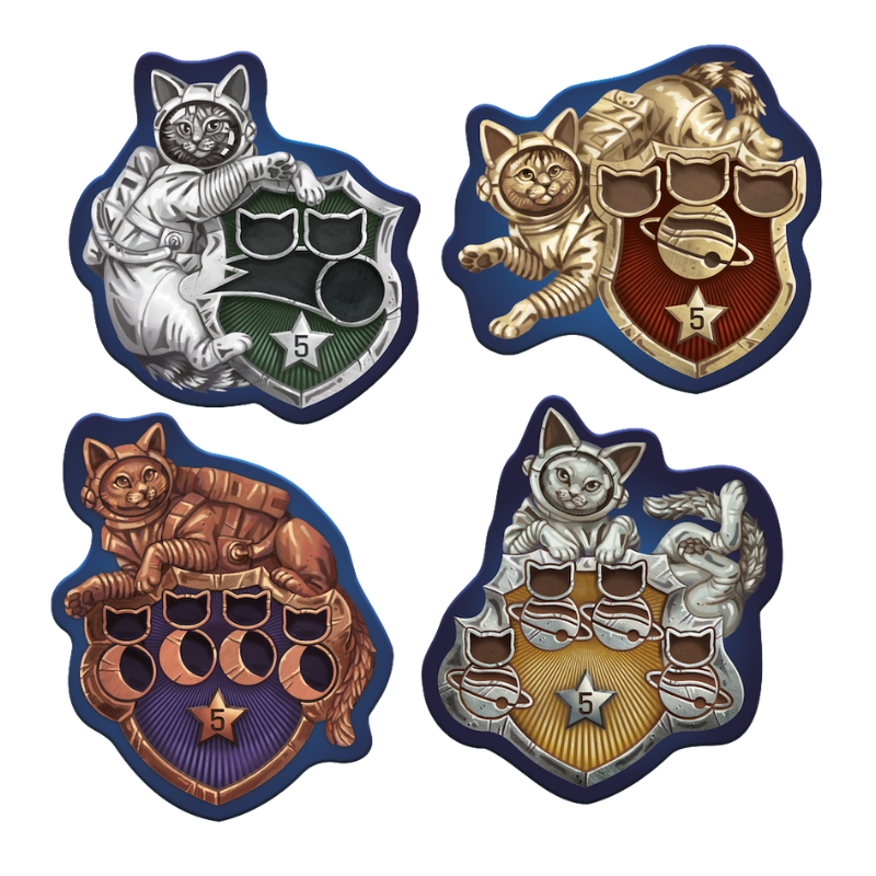 Four shield-shaped cat-themed crest designs arranged in a 2x2 grid on a black background. Each crest features a stylized cat in space-themed or coffee-themed poses, with metallic silver, gold, bronze, and copper tones, dark blue borders, and crest details including planets, rings, and cups.