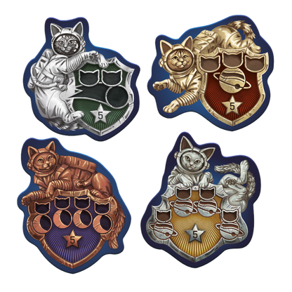 Four shield-shaped cat-themed crest designs arranged in a 2x2 grid on a black background. Each crest features a stylized cat in space-themed or coffee-themed poses, with metallic silver, gold, bronze, and copper tones, dark blue borders, and crest details including planets, rings, and cups.
