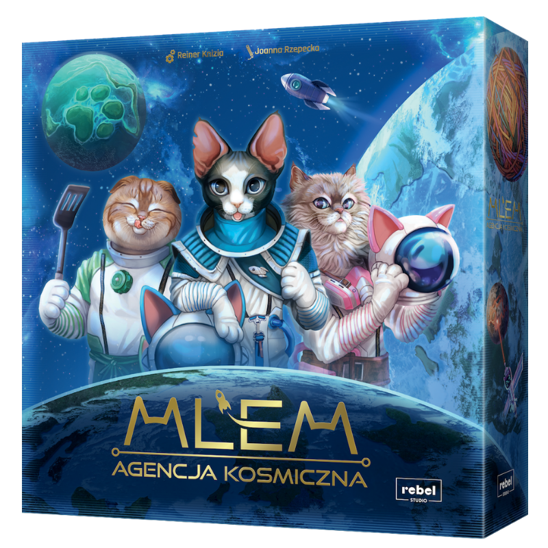 Board game box for 'Mlem - Agencja Kosmiczna' featuring four cartoon cats in space suits against a starry blue space background with planets and a spaceship. The Rebel Publishing logo is visible in the bottom right corner.