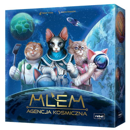 Board game box for 'Mlem - Agencja Kosmiczna' featuring four cartoon cats in space suits against a starry blue space background with planets and a spaceship. The Rebel Publishing logo is visible in the bottom right corner.