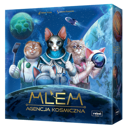 Board game box for 'Mlem - Agencja Kosmiczna' featuring four cartoon cats in space suits against a starry blue space background with planets and a spaceship. The Rebel Publishing logo is visible in the bottom right corner.