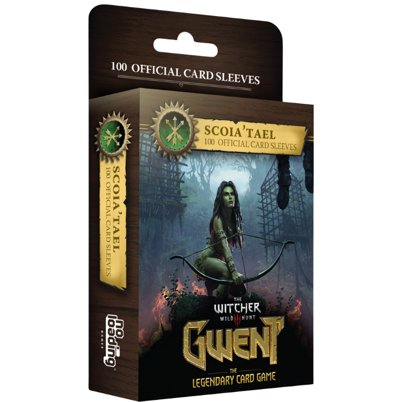 Wizards of the Coast Scoia Tael 100 Official Card Sleeves box for The Witcher Wild Hunt Gwent Legendary Card Game, featuring a dark fantasy illustration of a female archer.