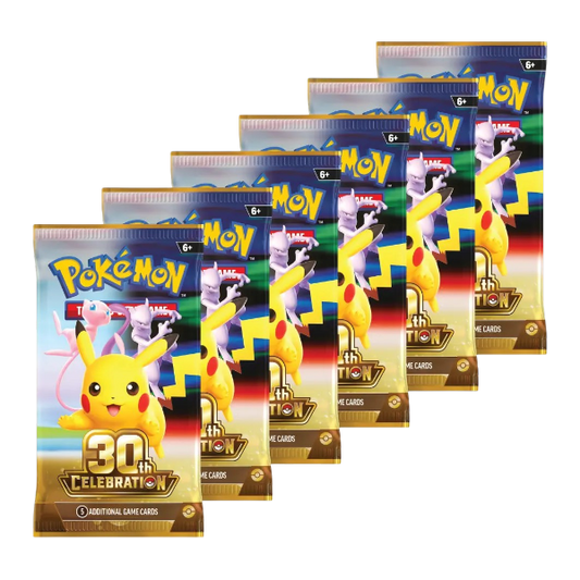 Five Pokémon TCG booster packs from the 30th Celebration series arranged in a staggered fan layout on a plain white background.