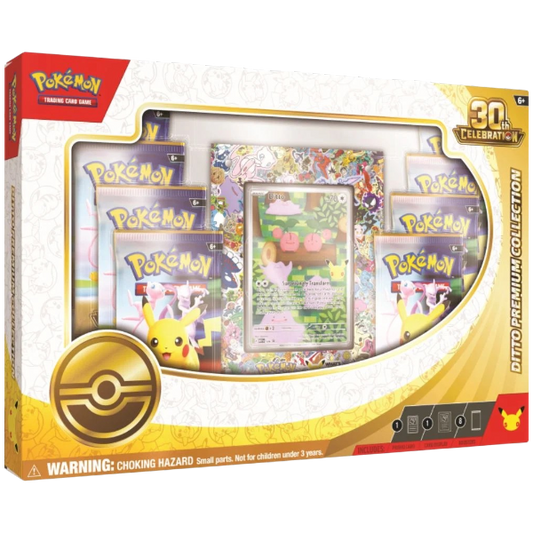 Pokémon Trading Card Game Ditto Premium Collection 30th Celebration box set, featuring a clear window displaying multiple booster packs and a collectible card inside a decorated retail box.