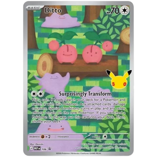 A Pokémon trading card featuring Ditto, a pink Gengar-type creature, with game text and artwork showing Ditto in a forest setting. The card includes the Pokémon brand and a silver border.