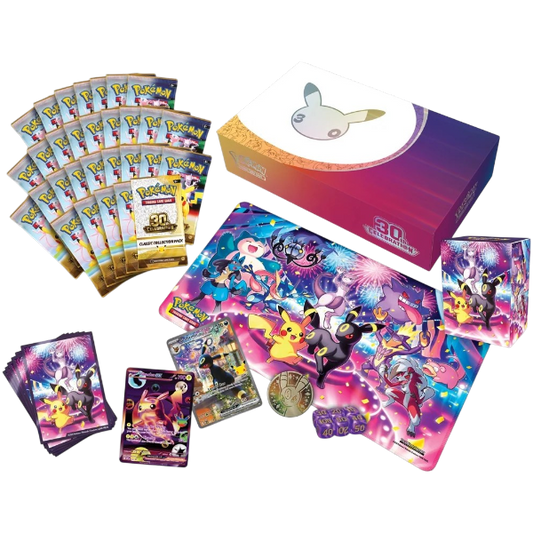 Pokémon TCG 30-pack starter set contents arranged on a white background, including a colorful box with a rabbit logo, booster packs, a playmat, cards, a coin, and a purple draw pile.