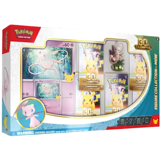 Pokémon Trading Card Game 30th Anniversary Figure Collection - Mew Set box, featuring a variety of trading cards, a Mew figure, and a Mew Pokéball inside a decorated display box.