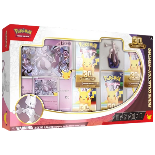Pokémon 30th Anniversary figure collection gift box featuring Mew, Pikachu, Eevee, and a Pokémon card set displayed on a clean white background.