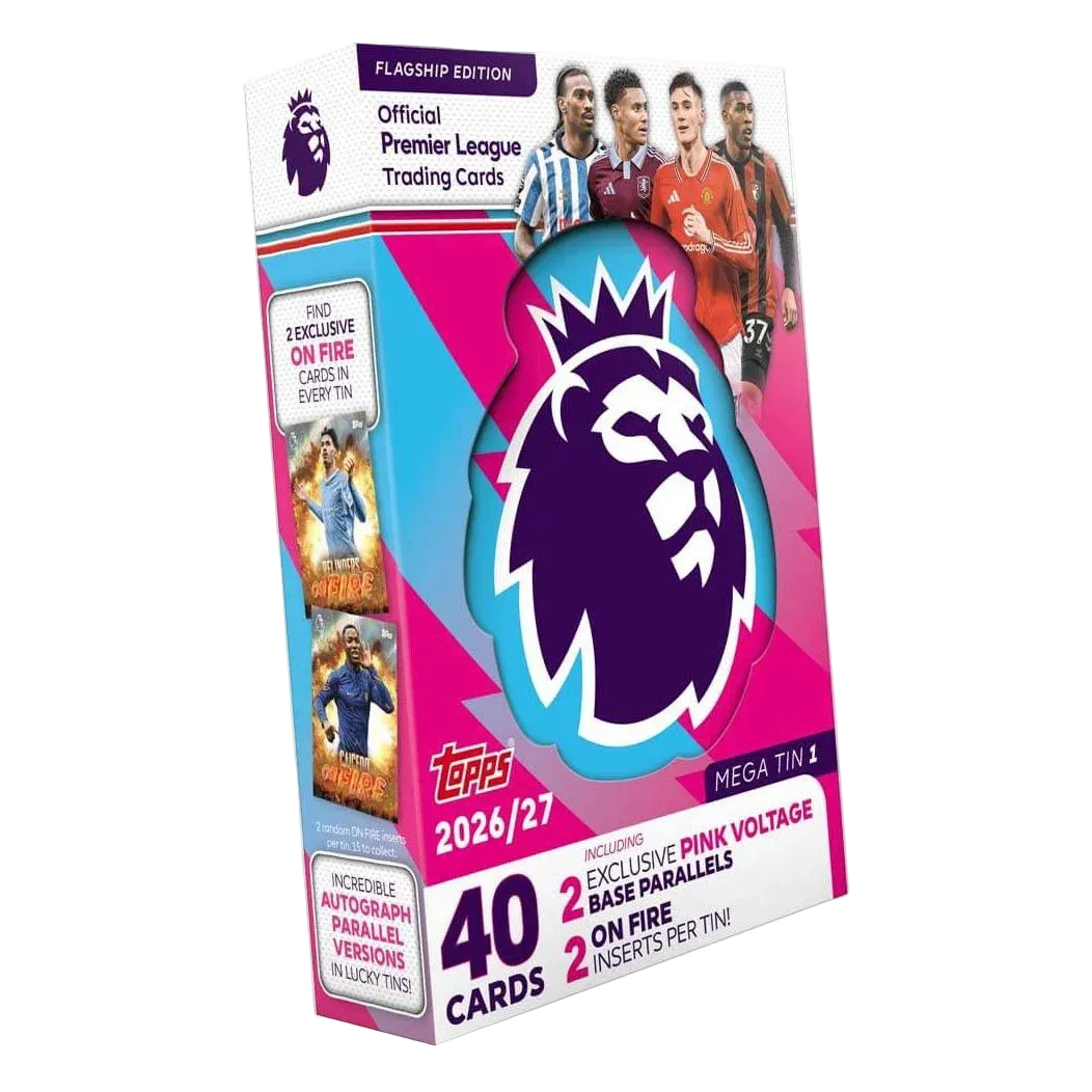Topps Premier League 2026/27 Flagship Edition trading card tin box packaging, featuring a large purple lion logo on a pink and blue design with player photos and product details.