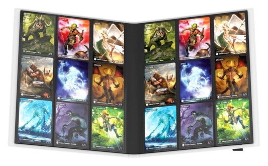 Otwarty biały klaser Ultimate Guard Flexxfolio 360 18-Pocket z kartami TCG w środku.